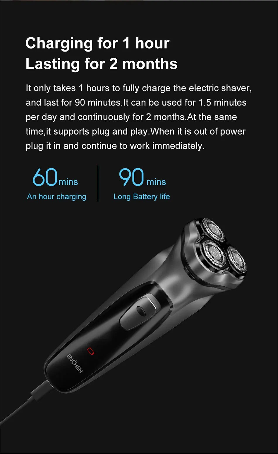 🪒 ENCHEN Blackstone – Rasoir Électrique 3D Rechargeable